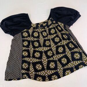 Maeve Anthropologie Womens Medium Mixed Print Puff Sleeve Metallic Blouse Black